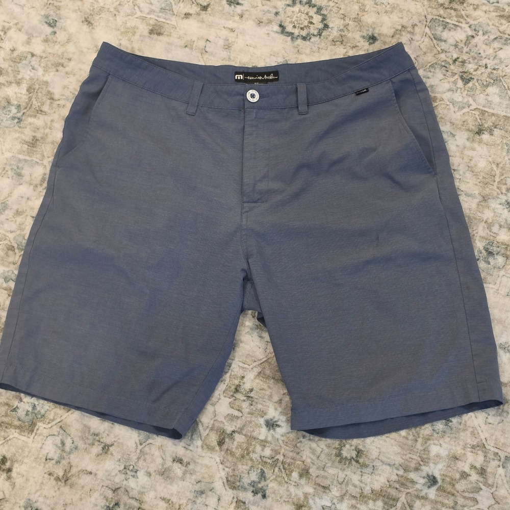 TravisMathew Beck Golf Shorts Mens 38 Blue Grey Micro Stripe Stretch Casual